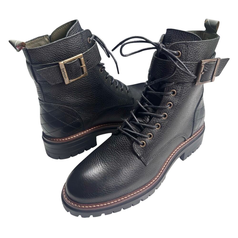Barbour | Women | Heidi Commando Black Leather Lace Up Combat Ankle Boots | US 9
